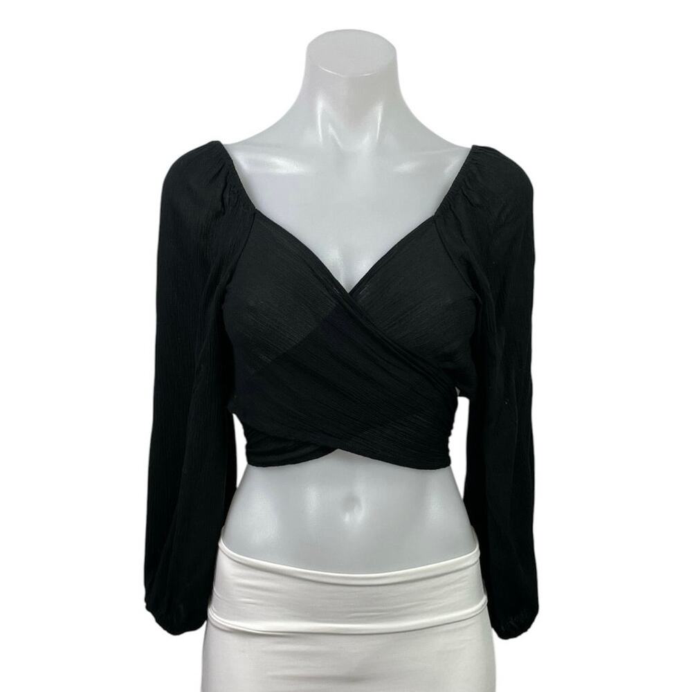 Audrey 3+1 Women's Black Long Puff Sleeve V Neck Tie Wrap Blouse Crop Top Size S